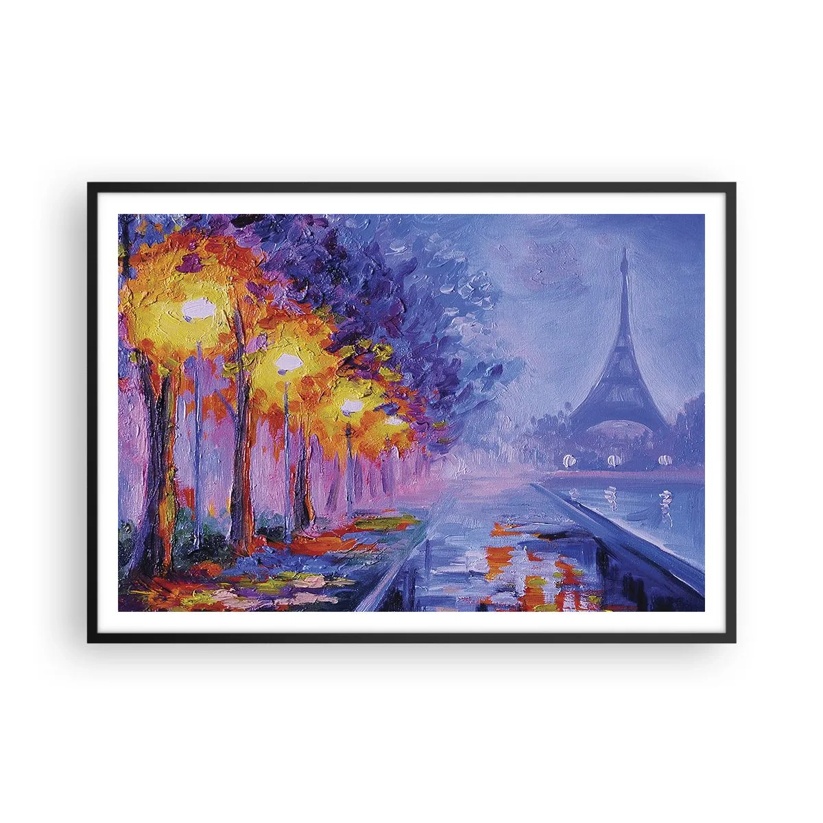 Póster en marco negro - Una avenida con farolas en París con la Torre Eiffel al fondo - 100x70cm - Un paseo de ensueño - Decoración de pared moderna para salón y dormitorio ARTTOR