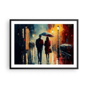 Póster en marco negro - Caminando bajo la lluvia bajo un paraguas en la ciudad por la noche. - 70x50cm - Historia de amor urbana - Decoración de pared moderna para salón y dormitorio ARTTOR