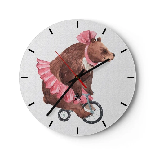 Reloj de pared - Reloj de vidrio - Un oso con una falda rosa montando un monociclo. - 30x30cm - ¡Qué circo! - Decoración de pared moderna para salón, cocina y dormitorio ARTTOR