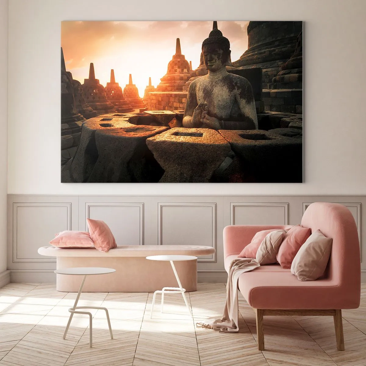 Cuadro sobre vidrio - Impresiones sobre Vidrio - Una estatua de Buda iluminada por el sol poniente en un antiguo complejo de templos. - 120x80cm - Tiempo de gran sabiduría - Decoración de pared moderna para salón y dormitorio ARTTOR