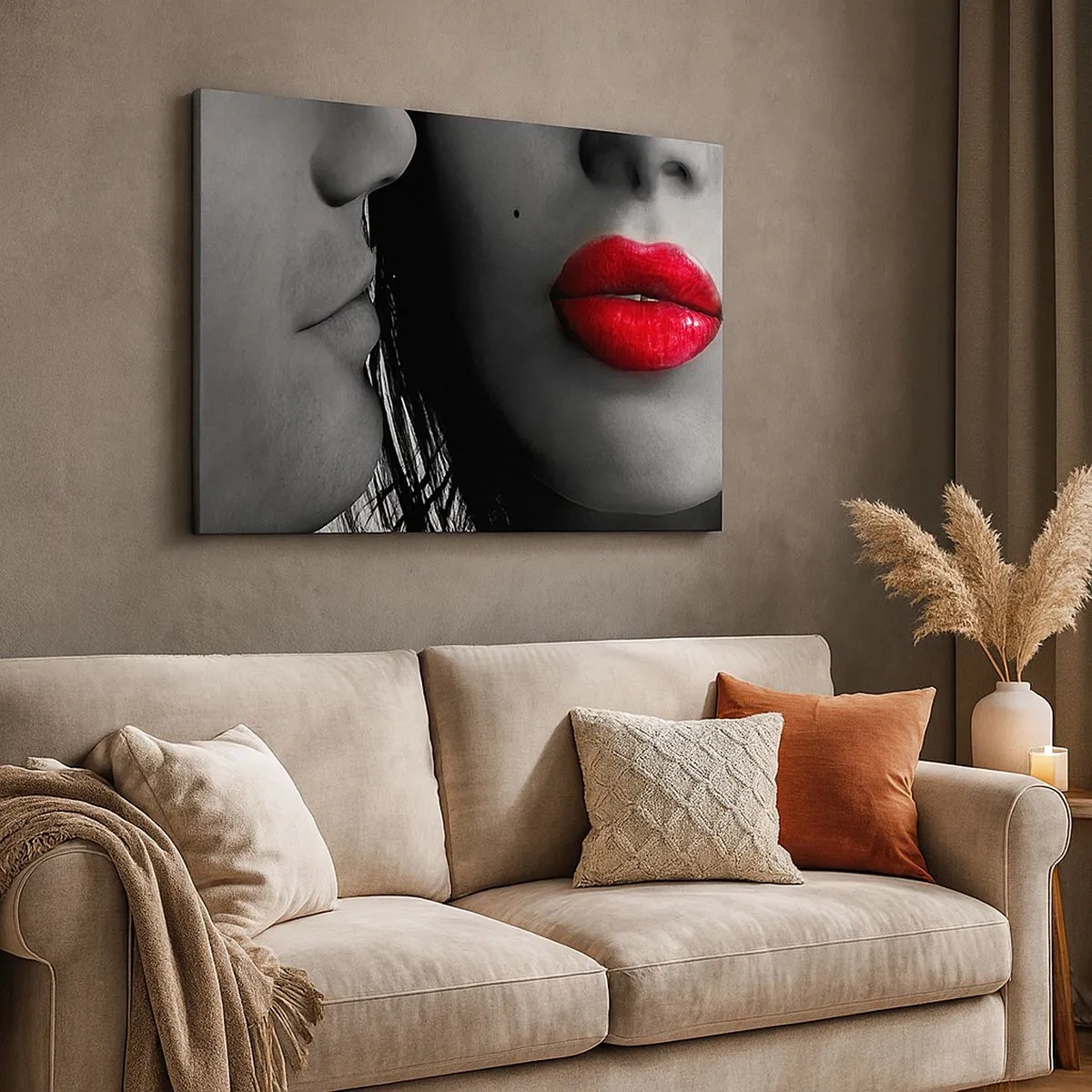 Cuadro sobre lienzo - Impresión de Imagen - Primer plano de los rostros de una mujer y un hombre con labios rojos. - 70x50cm - Cara a cara - Decoración de pared moderna para salón y dormitorio ARTTOR
