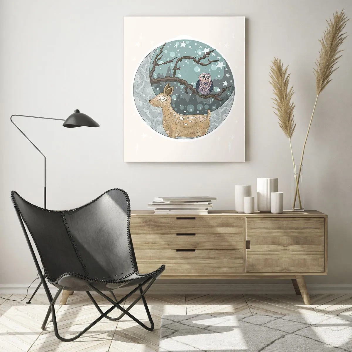 Cuadro sobre vidrio - Impresiones sobre Vidrio - Ilustración de un ciervo y un búho en un entorno mágico. - 50x70cm - Noche de bosque de cuento de hadas - Decoración de pared moderna para salón y dormitorio ARTTOR