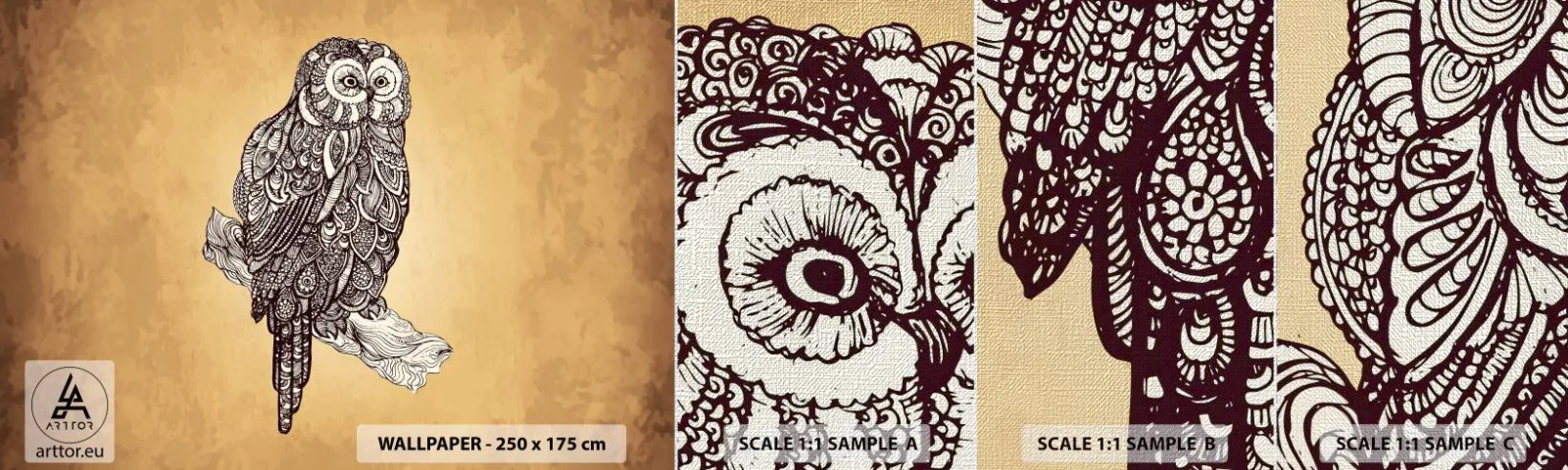 Muestra de fotomural Premium Canvas - Intrincados ornamentos de sabiduría - Búho, Pájaro, Animal - 100x30 cm