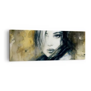 Cuadro sobre lienzo - Impresión de Imagen - Retrato de una mujer sobre un fondo de manchas abstractas en tonos beige. - 140x50cm - Inocente y sensual - Decoración de pared moderna para salón y dormitorio ARTTOR