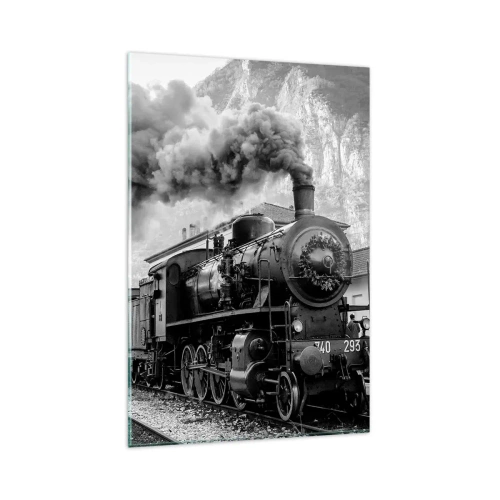 Cuadro sobre vidrio - Impresiones sobre Vidrio - Una locomotora de vapor en blanco y negro contra un paisaje montañoso. - 80x120cm - Rumbo a la estación... - Decoración de pared moderna para salón y dormitorio ARTTOR