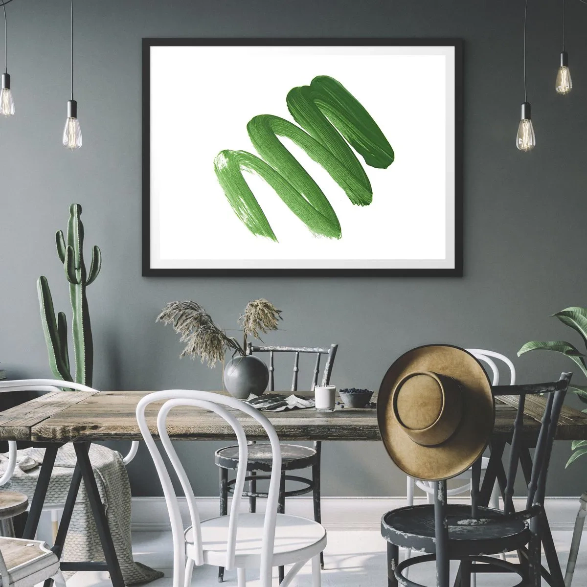 Póster en marco negro - Trazo de pincel abstracto verde sobre fondo blanco - 70x50cm - Una broma verde - Decoración de pared moderna para salón y dormitorio ARTTOR