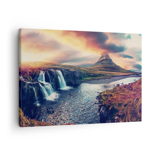 Cuadro sobre lienzo - Impresión de Imagen - Vista de la cascada y la montaña a la luz del sol poniente. - 70x50cm - En la majestuosidad de la naturaleza - Decoración de pared moderna para salón y dormitorio ARTTOR