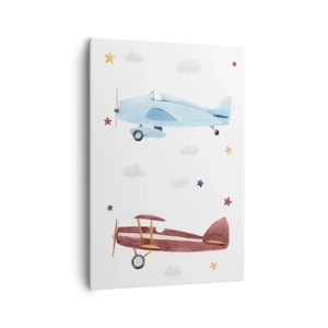 Cuadro sobre lienzo - Impresión de Imagen - Aviones pintados a mano sobre un fondo de nubes y estrellas. - 70x100cm - ¡Piloto, estamos esperando! - Decoración de pared moderna para salón y dormitorio ARTTOR