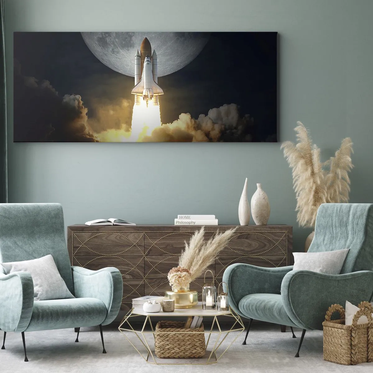 Cuadro sobre lienzo - Impresión de Imagen - Un cohete despegando con el telón de fondo de una luna llena rodeada de nubes dinámicas. - 120x50cm - El comienzo de una aventura sobrenatural - Decoración de pared moderna para salón y dormitorio ARTTOR