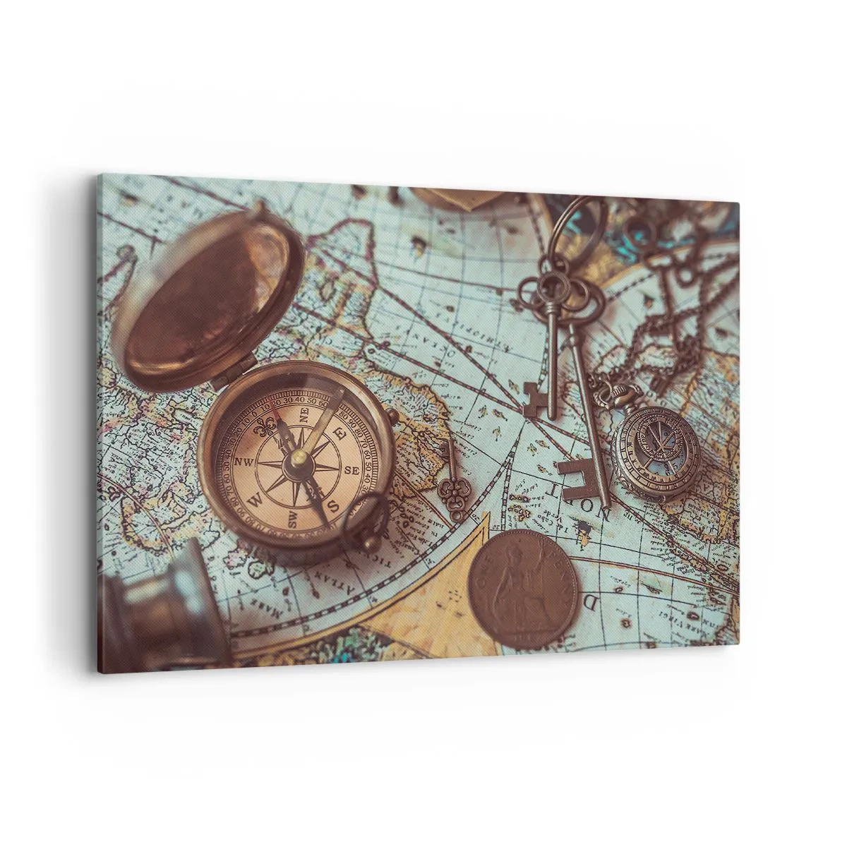 Cuadro sobre lienzo - Impresión de Imagen - Composición con brújula, llaves y un mapa antiguo en estilo retro - 100x70cm - Para el aventurero - Decoración de pared moderna para salón y dormitorio ARTTOR