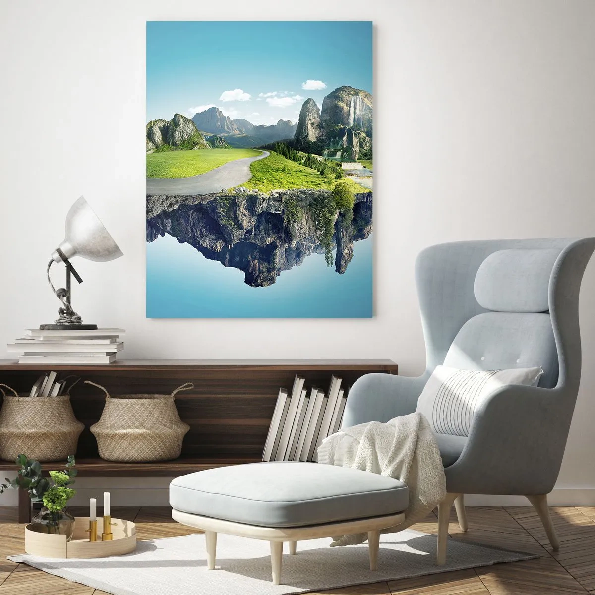 Cuadro sobre vidrio - Impresiones sobre Vidrio - Una isla flotante con montañas y cascadas. - 80x120cm - Isla fantástica - Decoración de pared moderna para salón y dormitorio ARTTOR
