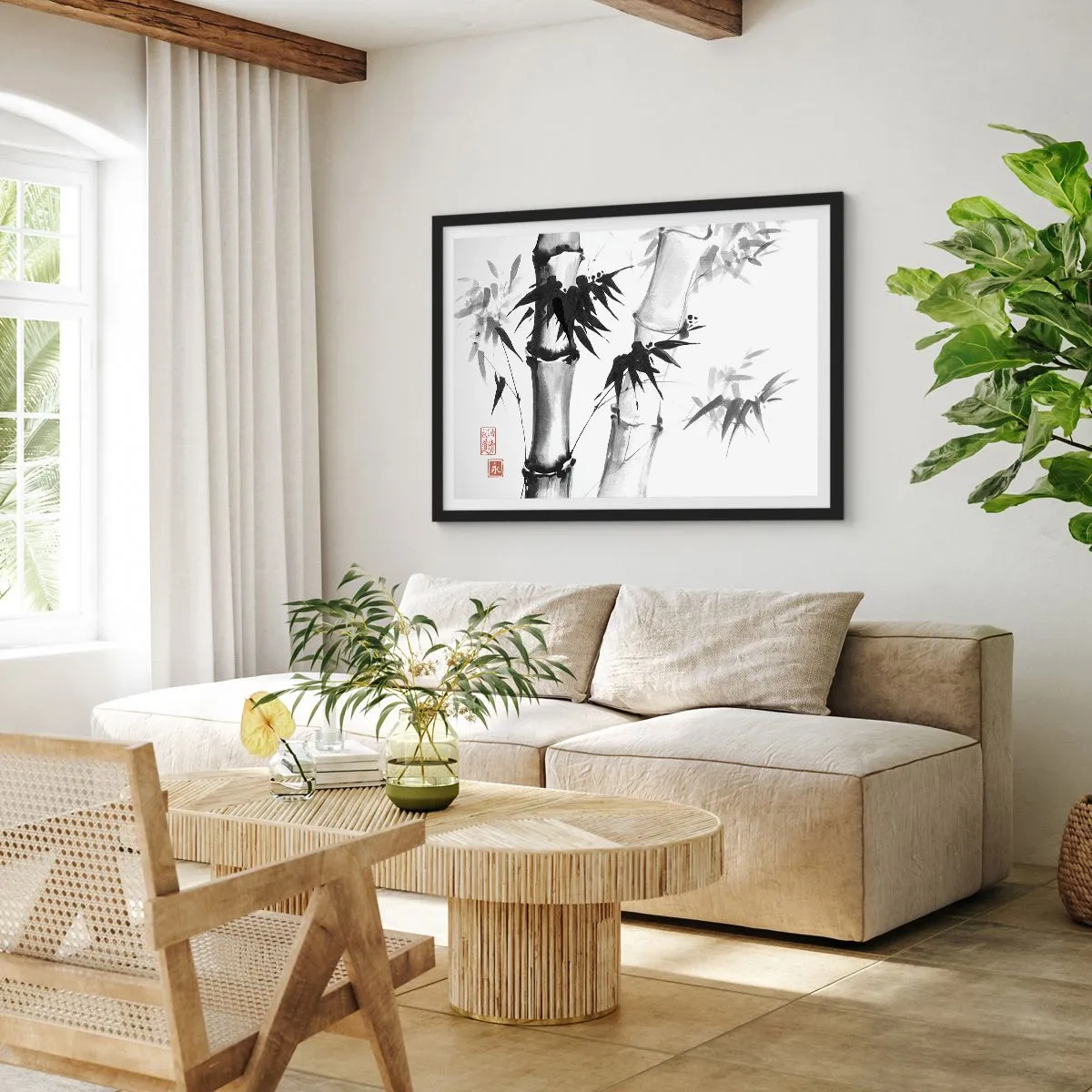 Póster en marco negro - Bambú de acuarela de estilo japonés sobre un fondo blanco. - 70x50cm - Primer plano de Oriente - Decoración de pared moderna para salón y dormitorio ARTTOR
