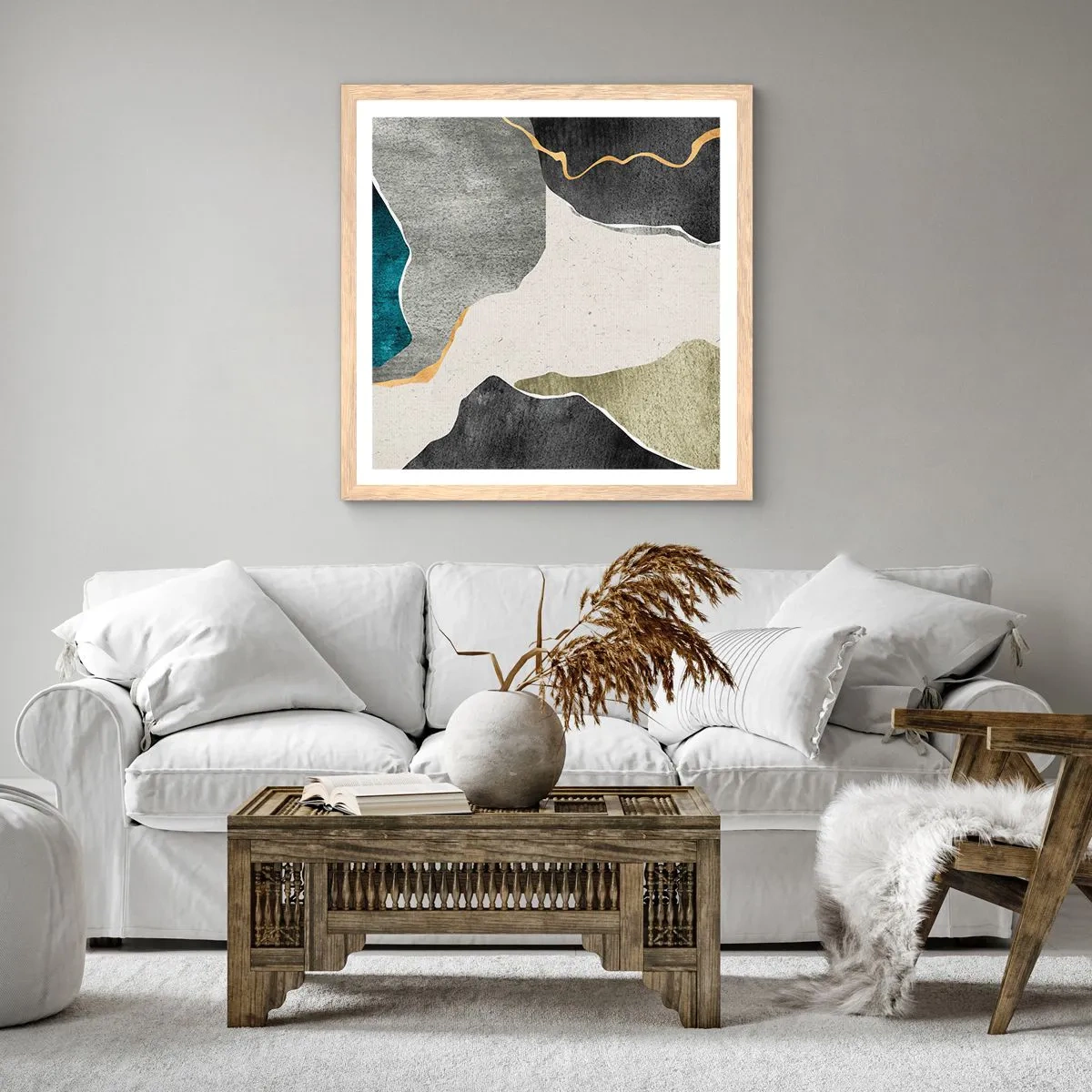 Póster en marco roble claro - Composición en mosaico con una hebra de oro - 40x40 cm