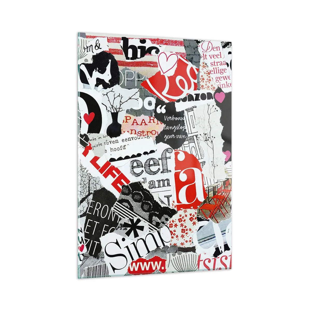 Cuadro sobre vidrio - Impresiones sobre Vidrio - Un collage de letras, corazones y árboles en un estilo artístico. - 50x70cm - Collage hipster - Decoración de pared moderna para salón y dormitorio ARTTOR