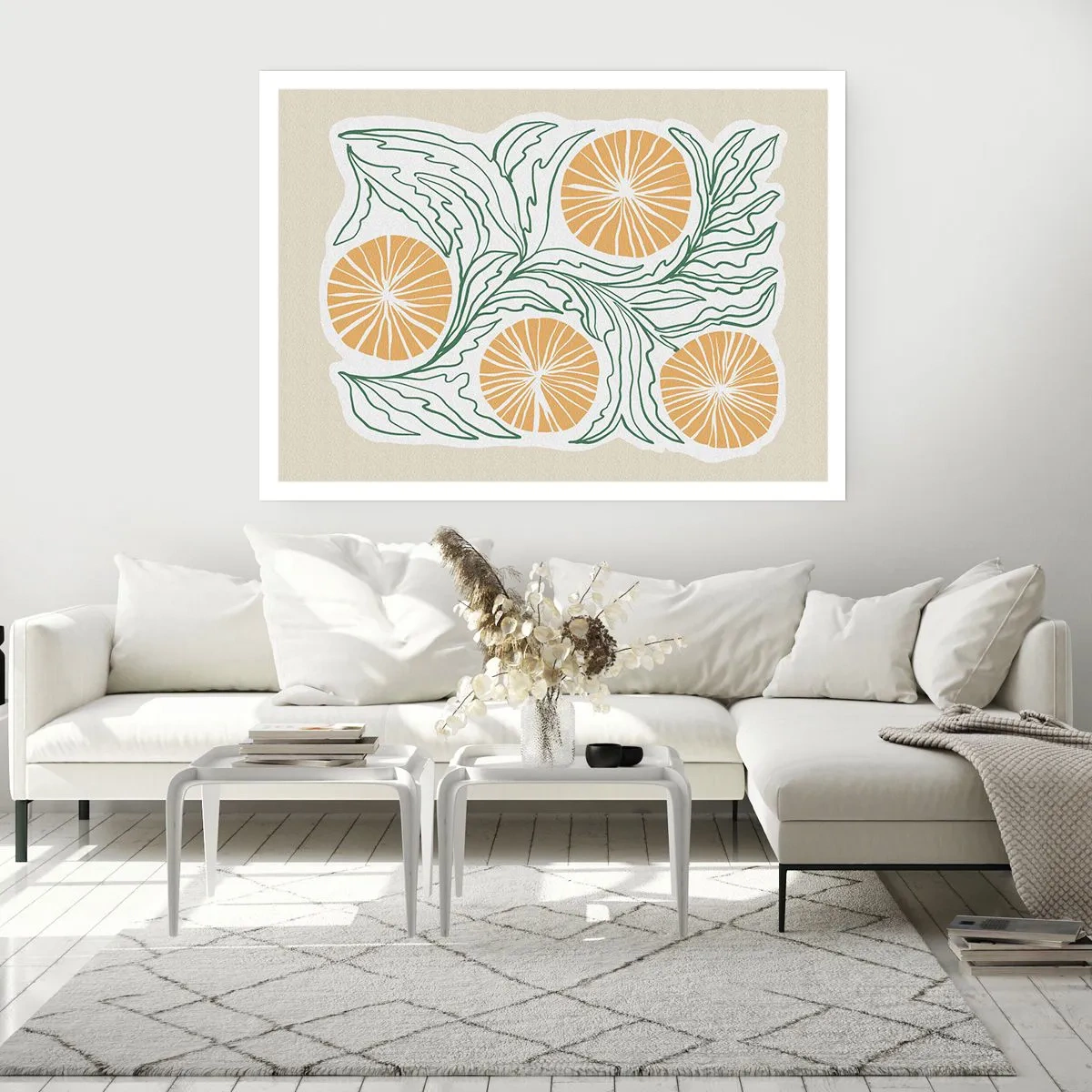 Póster - Un motivo naranja minimalista con hojas verdes. - 100x70cm - Étnico con un toque de abstracción - Decoración de pared moderna para salón y dormitorio ARTTOR