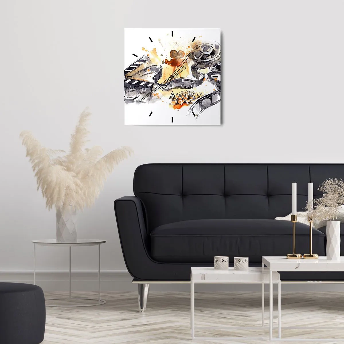 Reloj de pared - Reloj de vidrio - El simbolismo del cine con una tira de película en una acuarela artística - 30x30cm - En el país de los sueños - Decoración de pared moderna para salón y dormitorio ARTTOR