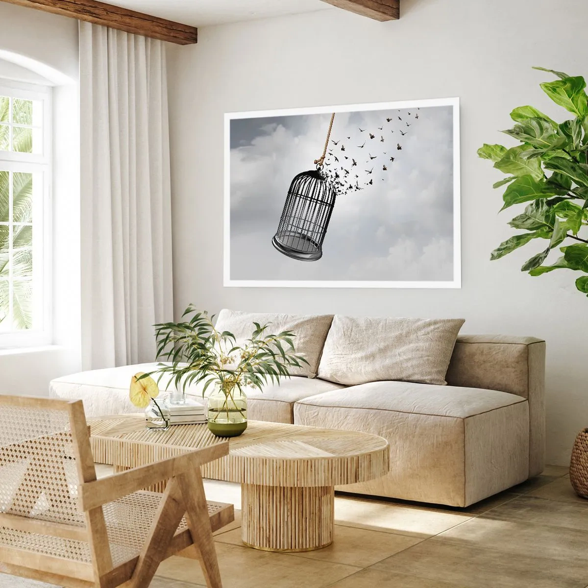 Póster - Pájaros volando desde una jaula contra el cielo. - 100x70cm - Fe... Esperanza... ¡Libertad! - Decoración de pared moderna para salón y dormitorio ARTTOR