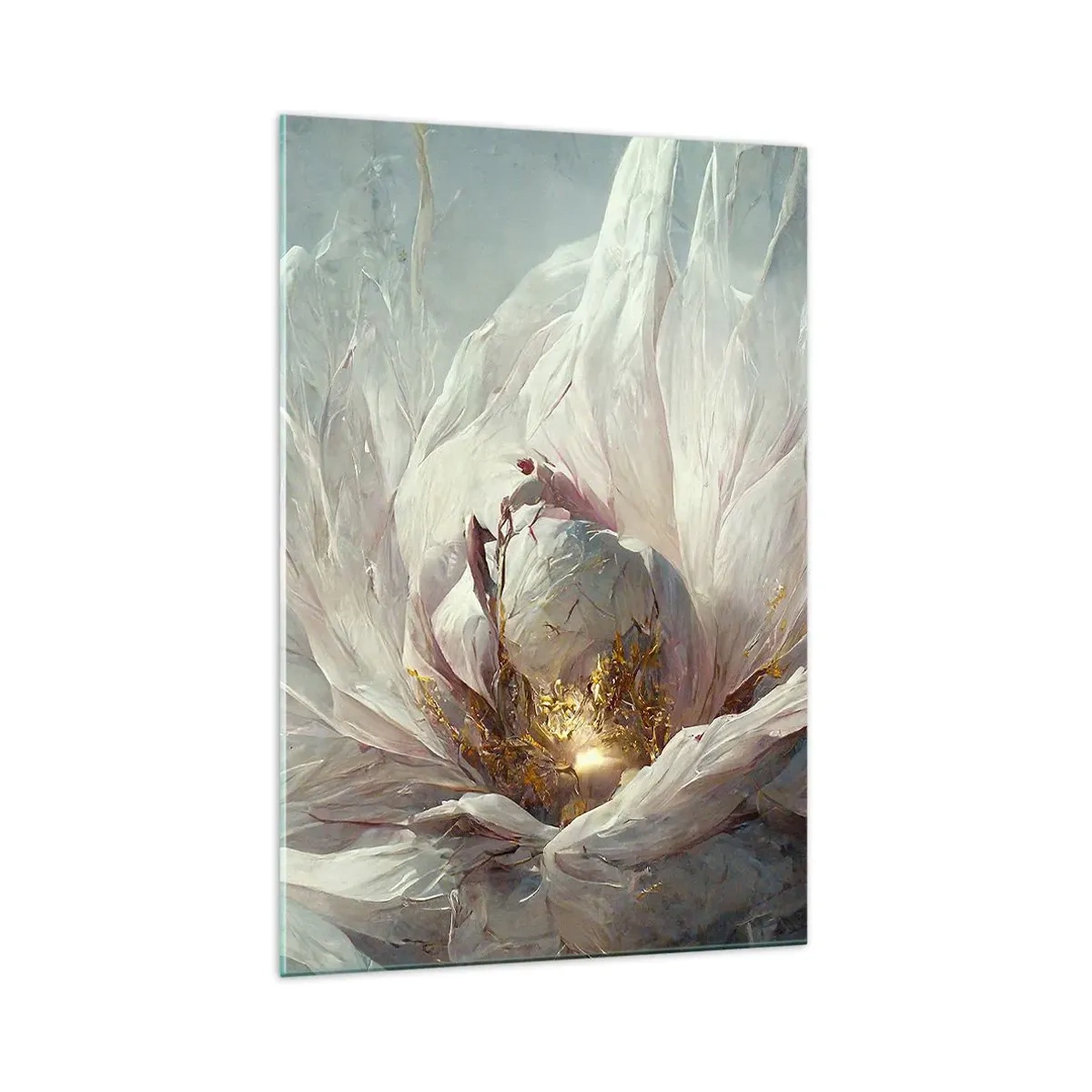 Cuadro sobre vidrio - Impresiones sobre Vidrio - Una delicada flor blanca con sutiles acentos dorados. - 70x100cm - Florece una vez cada cien años - Decoración de pared moderna para salón y dormitorio ARTTOR