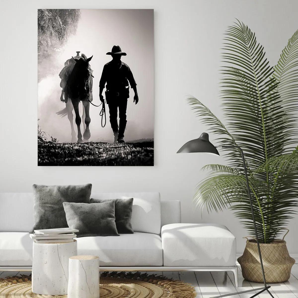 Cuadro sobre vidrio - Impresiones sobre Vidrio - Silueta de un vaquero guiando a un caballo a través de un paisaje brumoso - 50x70cm - La mañana de Texas - Decoración de pared moderna para salón y dormitorio ARTTOR