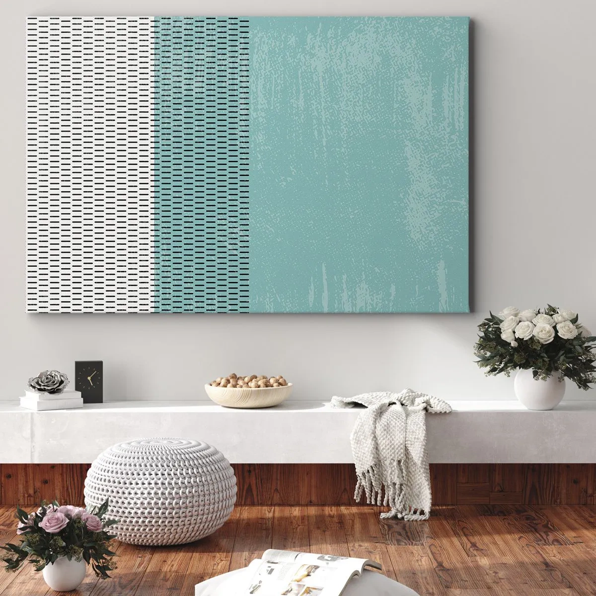 Cuadro sobre lienzo - Impresión de Imagen - Composición geométrica con turquesa y líneas. - 70x50cm - Composición equilibrada - Decoración de pared moderna para salón y dormitorio ARTTOR