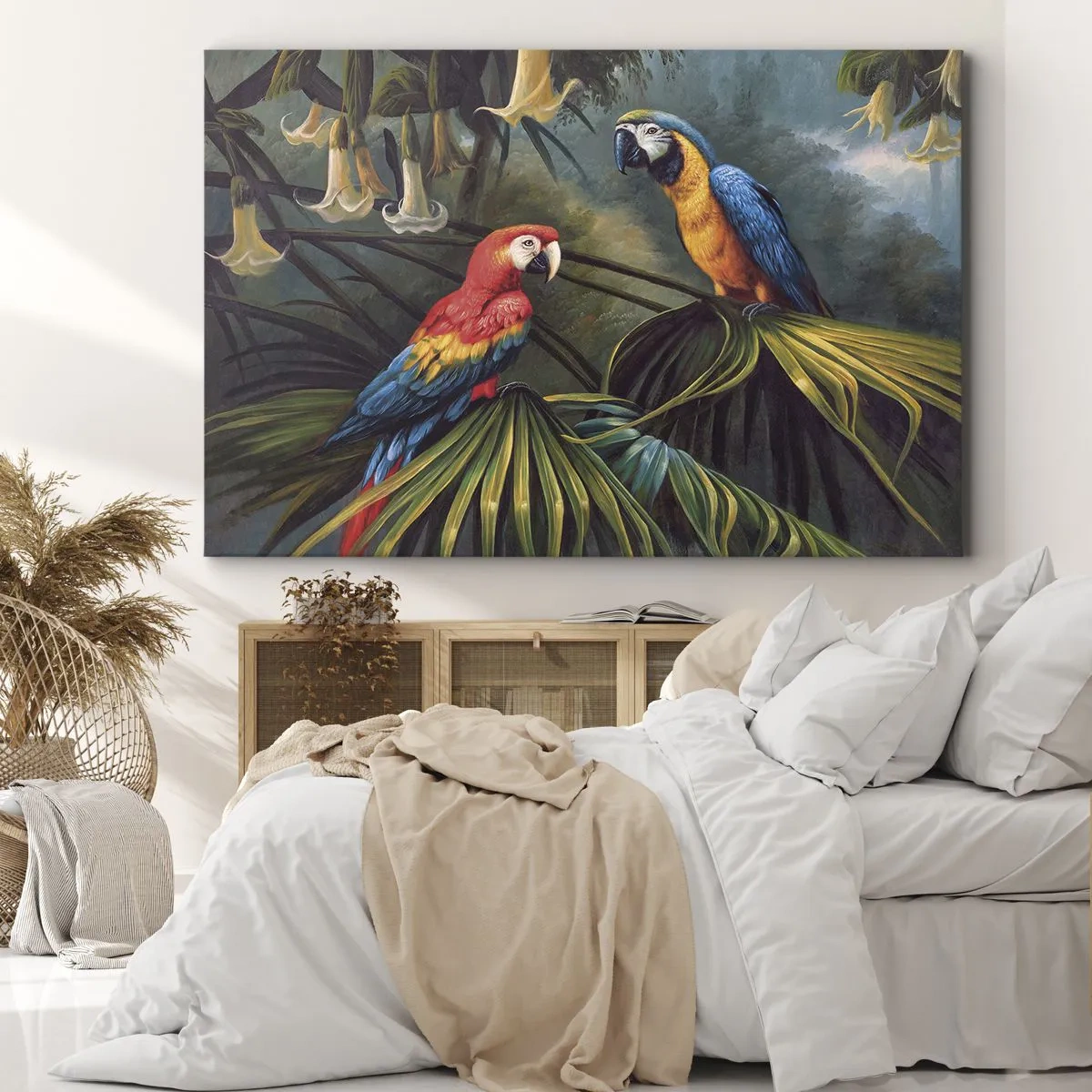 Cuadro sobre lienzo - Impresión de Imagen - Loros en un bosque tropical con flores exóticas al fondo. - 70x50cm - Romanticismo en los trópicos - Decoración de pared moderna para salón y dormitorio ARTTOR