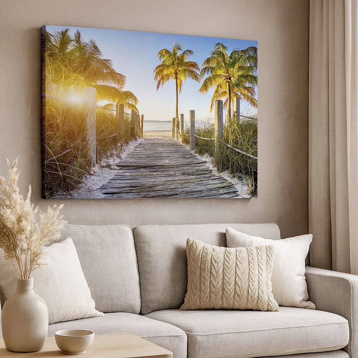 Cuadro sobre lienzo - Impresión de Imagen - Camino de madera en la playa con palmeras al fondo - 70x50cm - Directo al paraíso - Decoración de pared moderna para salón y dormitorio ARTTOR