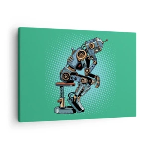 Cuadro sobre lienzo - Impresión de Imagen - Robot pensador de estilo pop art sobre un fondo verde - 70x50cm - Sobre la esencia del ser - Decoración de pared moderna para salón y dormitorio ARTTOR