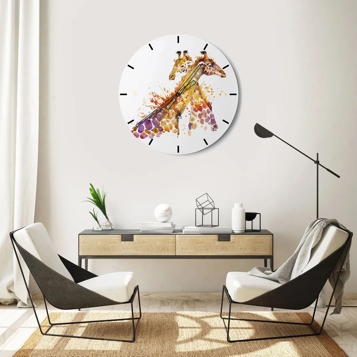 Reloj de pared - Reloj de vidrio - Dos jirafas en estilo acuarela. - 30x30cm - ¿Esto es amistad o es amor? - Decoración de pared moderna para salón, cocina y dormitorio ARTTOR