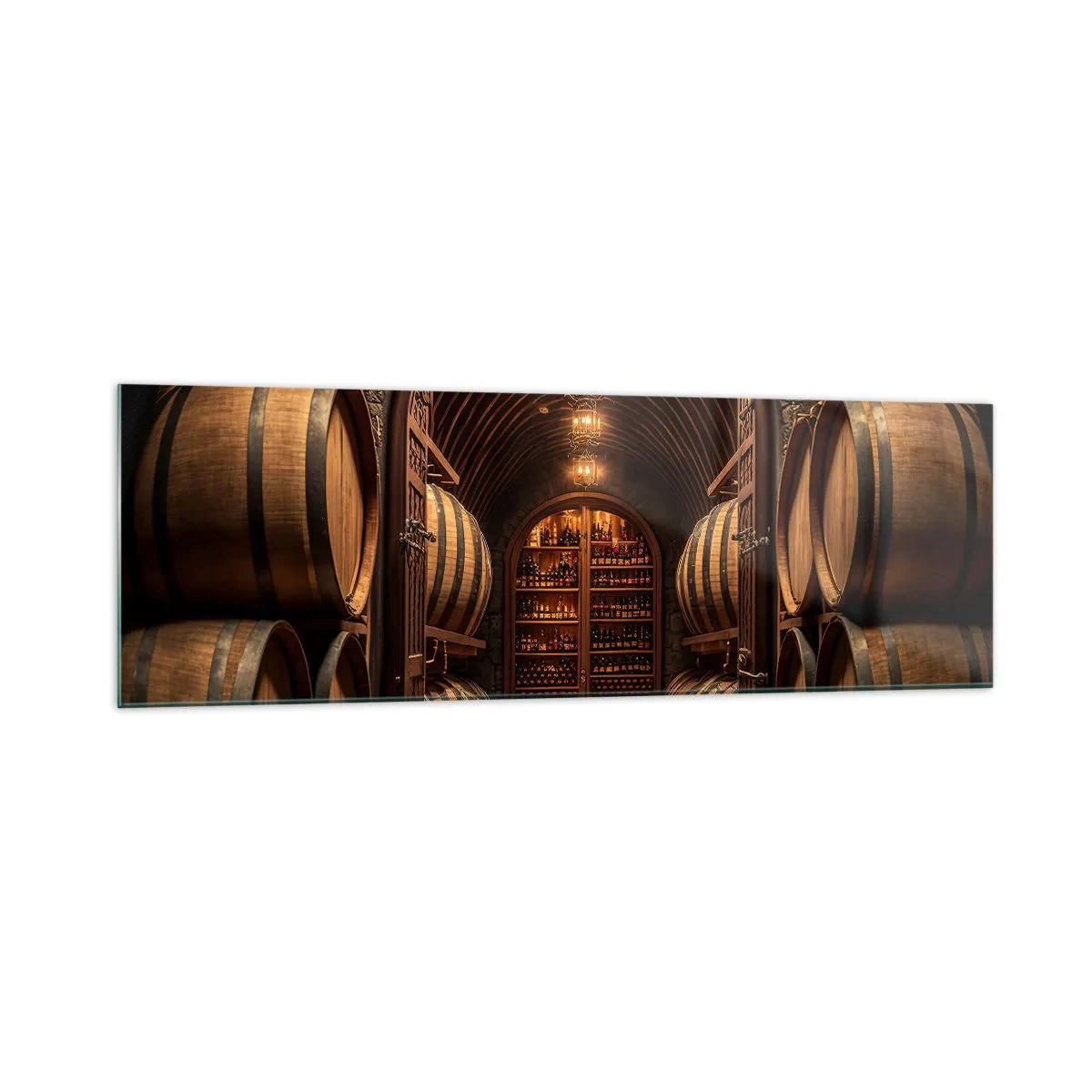 Cuadro sobre vidrio - Impresiones sobre Vidrio - Bodega con barriles de madera y estantes para vinos. - 160x50cm - Sótano atmosférico - Decoración de pared moderna para salón y dormitorio ARTTOR
