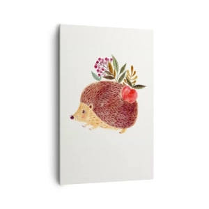 Cuadro sobre lienzo - Impresión de Imagen - Un lindo erizo con una manzana y plantas en un estilo ilustrativo. - 80x120cm - Y ya te gusto - Decoración de pared moderna para salón y dormitorio ARTTOR