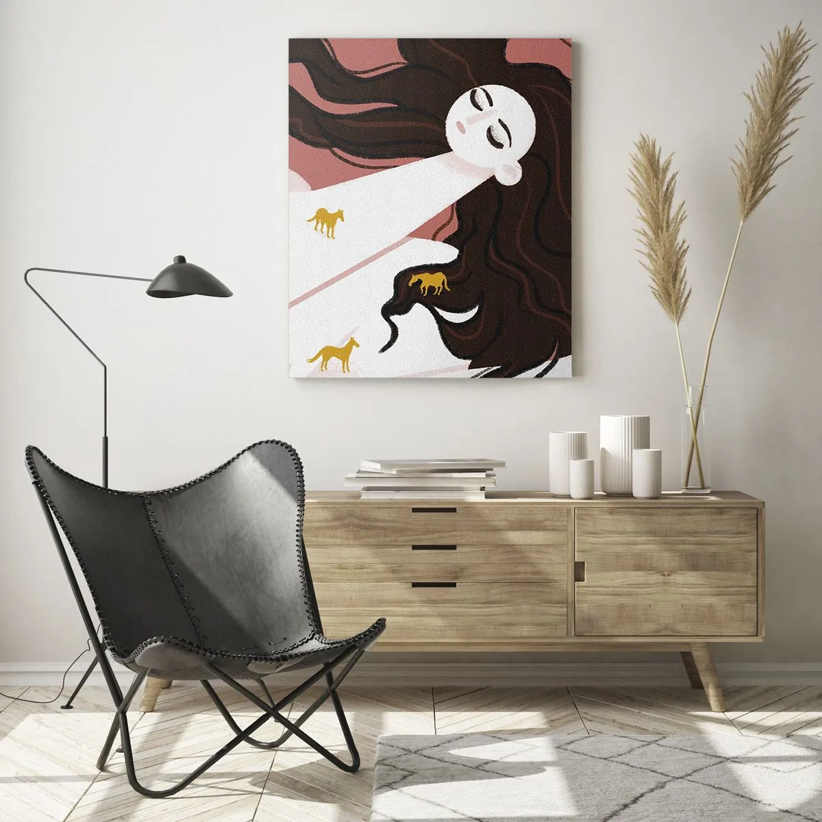 Cuadro sobre vidrio - Impresiones sobre Vidrio - Una figura con los ojos cerrados rodeada de caballos dorados. - 70x100cm - Sueño de caballos dorados - Decoración de pared moderna para salón y dormitorio ARTTOR