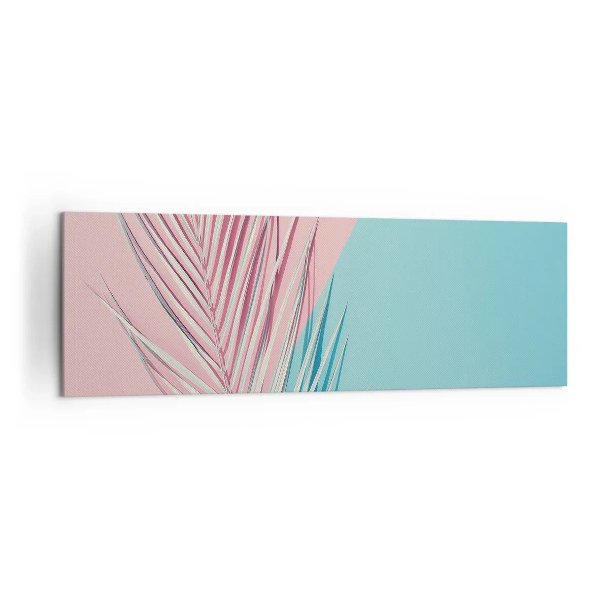 Cuadro sobre lienzo - Impresión de Imagen - Hoja tropical sobre un fondo de tonos pastel de rosa y azul. - 160x50cm - Impresión tropical - Decoración de pared moderna para salón y dormitorio ARTTOR