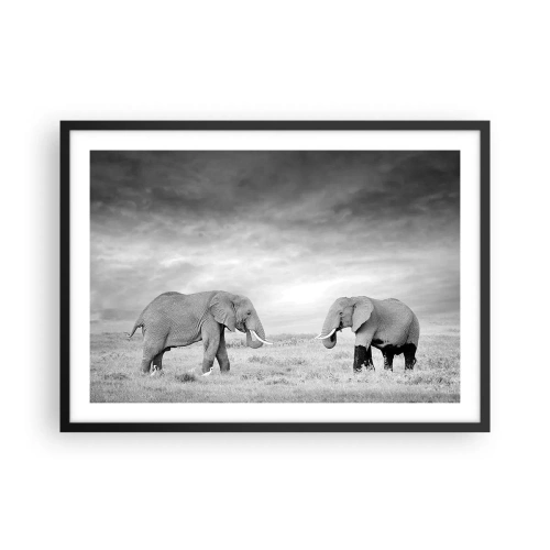 Póster en marco negro - Dos elefantes con la sabana africana como telón de fondo - 70x50cm - El gris es hermoso - Decoración de pared moderna para salón y dormitorio ARTTOR