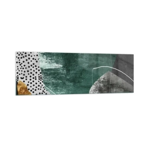 Cuadro sobre vidrio - Impresiones sobre Vidrio - Composición abstracta con formas verdes y patrones de puntos. - 160x50cm - Abstracción colorista con un copo de oro - Decoración de pared moderna para salón y dormitorio ARTTOR