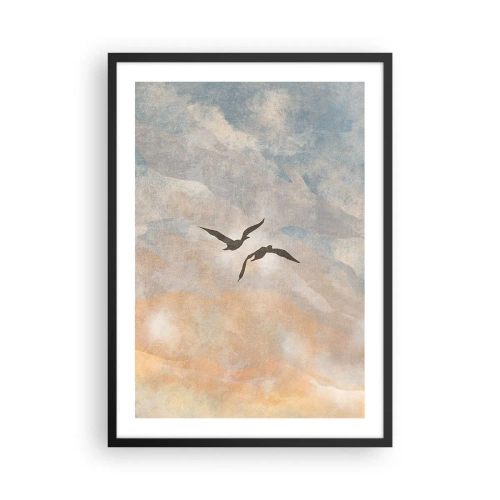 Póster en marco negro - Dos pájaros volando contra el cielo, en delicados tonos azules y naranjas. - 50x70cm - Danza del cielo - Decoración de pared moderna para salón y dormitorio ARTTOR