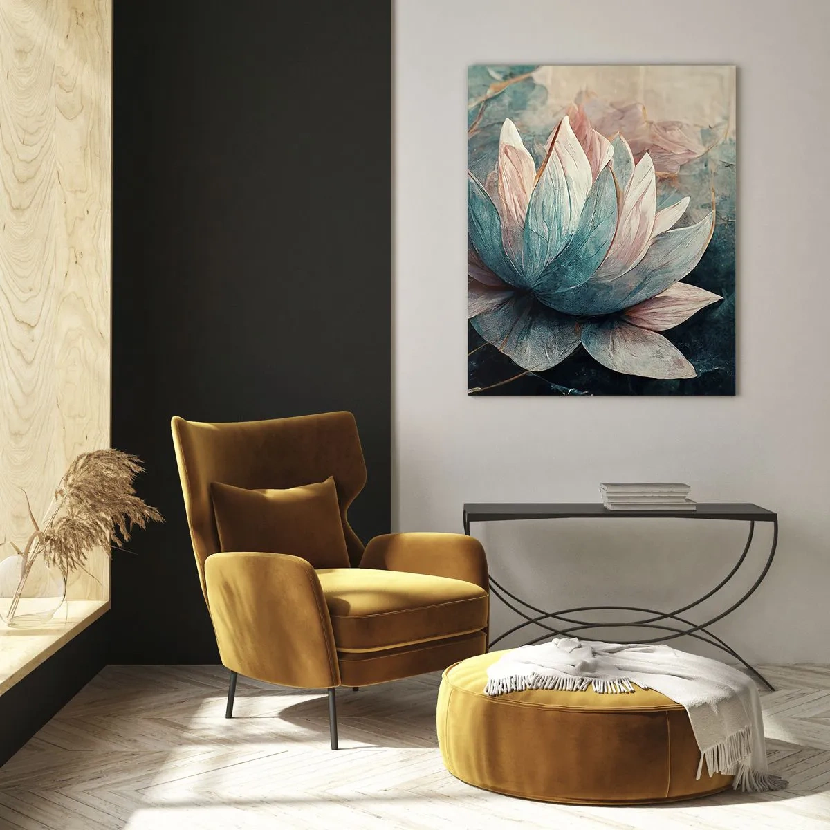 Cuadro sobre vidrio - Impresiones sobre Vidrio - Representación artística de flores de loto sobre un fondo de hojas de agua. - 50x70cm - Estrellas de lago - Decoración de pared moderna para salón y dormitorio ARTTOR