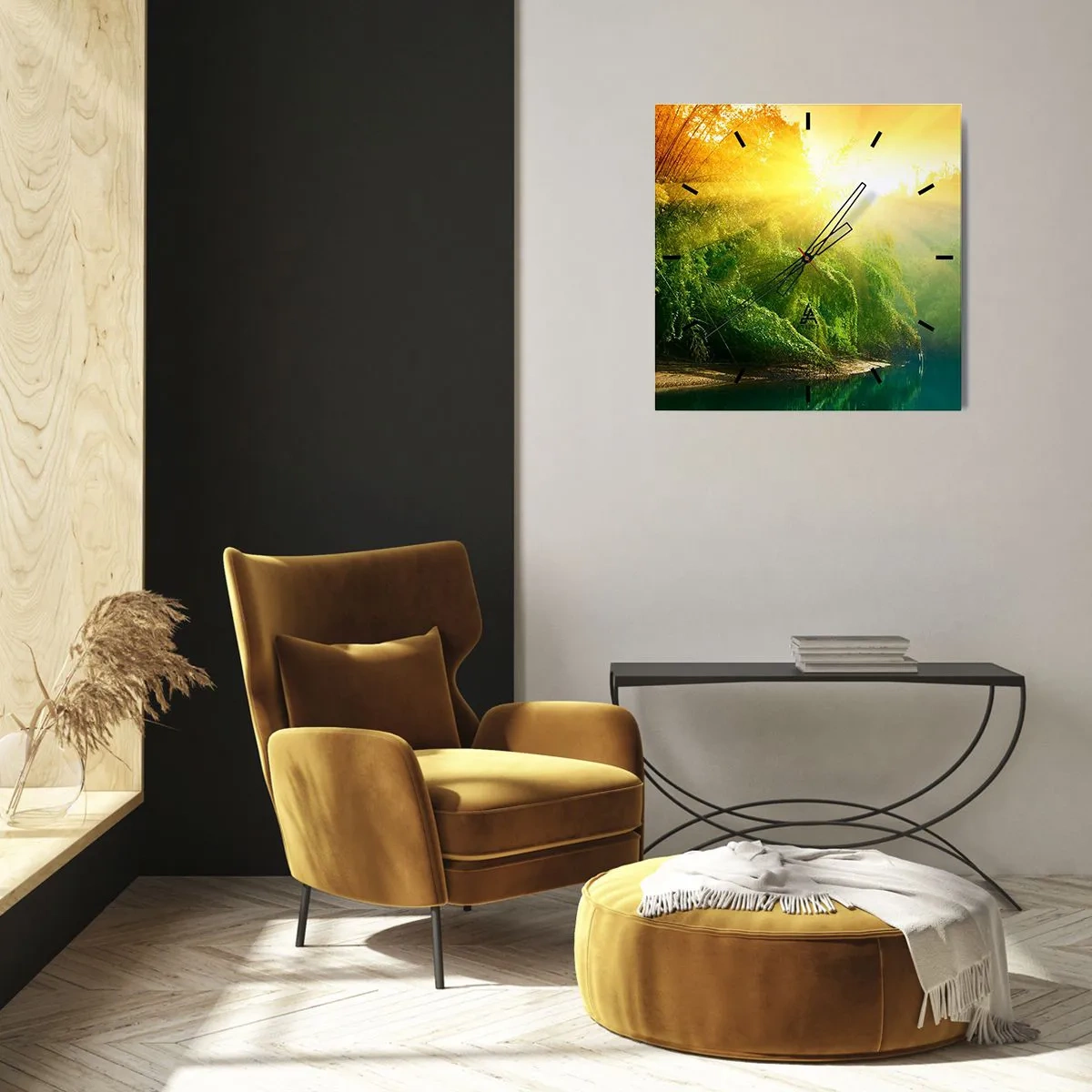 Reloj de pared - Reloj de vidrio - Un bosque verde junto al río, iluminado por los rayos del sol naciente. - 30x30cm - Ahogarse en el sol y la sombra - Decoración de pared moderna para salón y dormitorio ARTTOR