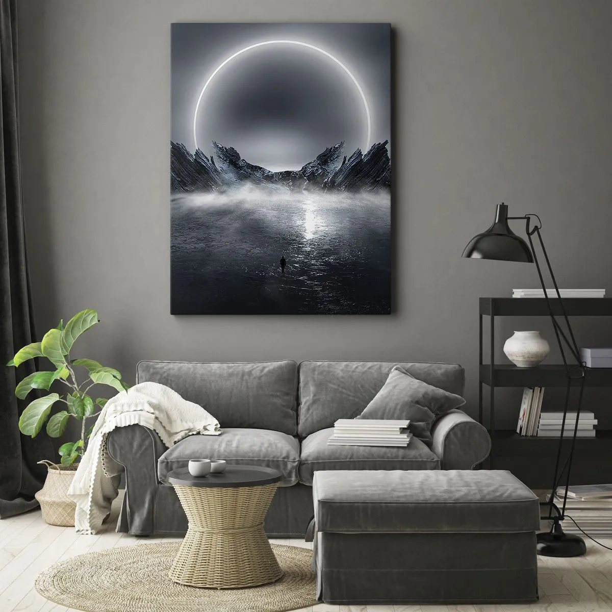 Cuadro sobre lienzo - Impresión de Imagen - Paisaje misterioso con un anillo de luz sobre las montañas. - 50x70cm - El final del cuento - Decoración de pared moderna para salón y dormitorio ARTTOR