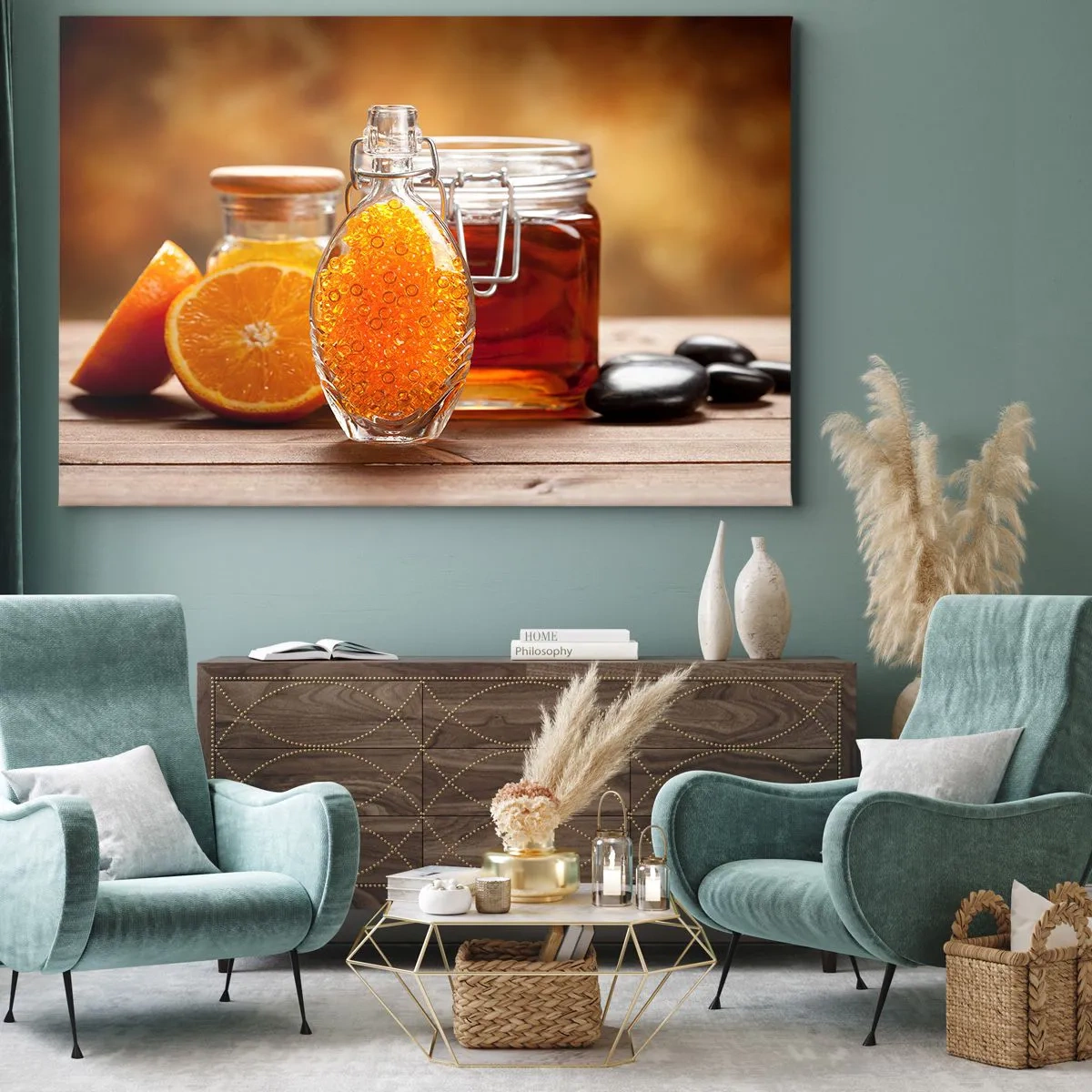 Cuadro sobre lienzo - Impresión de Imagen - Una botella de líquido ámbar y naranjas frescas. - 120x80cm - Sabores y aromas soleados - Decoración de pared moderna para salón y dormitorio ARTTOR