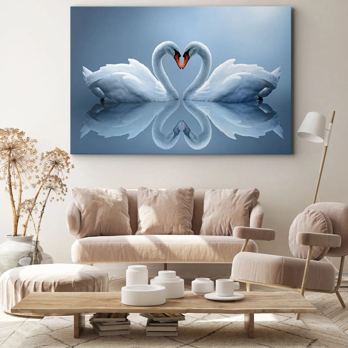 Cuadro sobre lienzo - Impresión de Imagen - Dos cisnes formando un corazón en una superficie tranquila del agua. - 70x50cm - Tiempo de amor - Decoración de pared moderna para salón y dormitorio ARTTOR