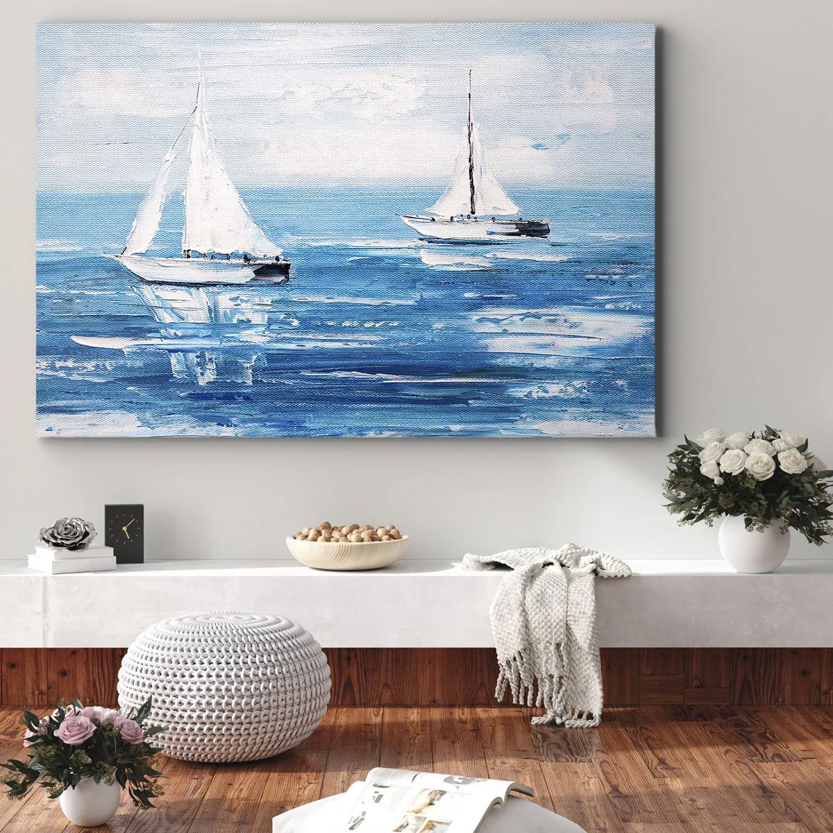 Cuadro sobre lienzo - Impresión de Imagen - Yates en el mar azul en estilo artístico. - 120x80cm - Con un amigo a tu lado - Decoración de pared moderna para salón y dormitorio ARTTOR