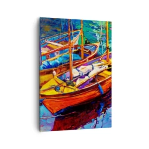 Cuadro sobre lienzo - Impresión de Imagen - Barcos coloridos en aguas tranquilas - 50x70cm - Sobre el agua espesa de color - Decoración de pared moderna para salón y dormitorio ARTTOR