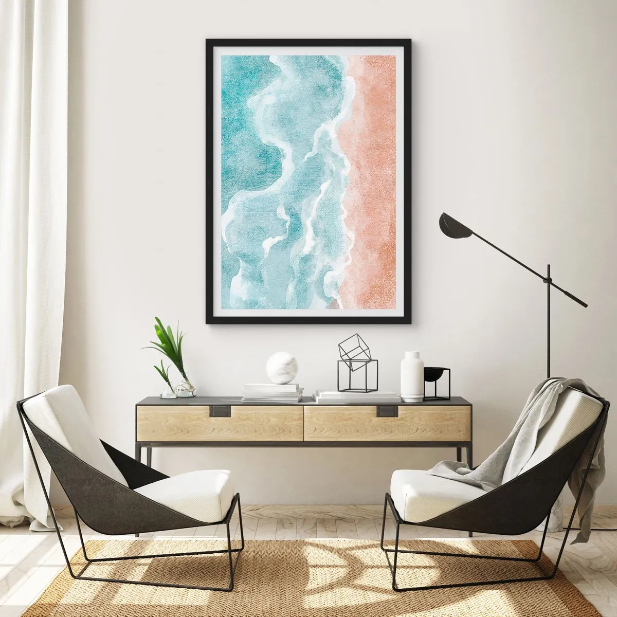 Póster en marco negro - Las olas del océano se encuentran con la playa de arena - 50x70cm - Abstracción de nubes - Decoración de pared moderna para salón y dormitorio ARTTOR