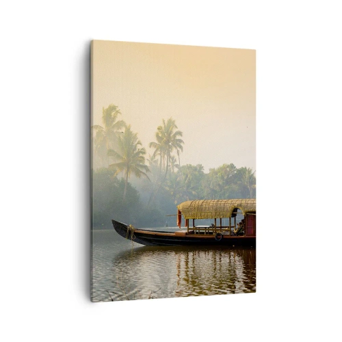 Cuadro sobre lienzo - Impresión de Imagen - Un barco tradicional en un río tranquilo entre palmeras. - 50x70cm - Casa en el río - Decoración de pared moderna para salón y dormitorio ARTTOR