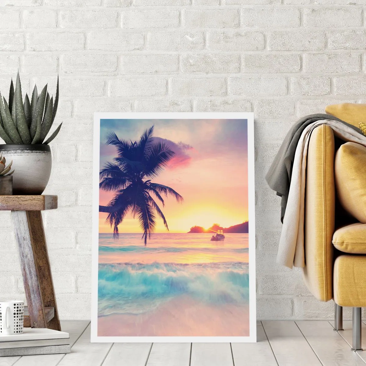 Póster - Palmera en la playa al atardecer - 50x70cm - Atardecer en la bahía - Decoración de pared moderna para salón y dormitorio ARTTOR