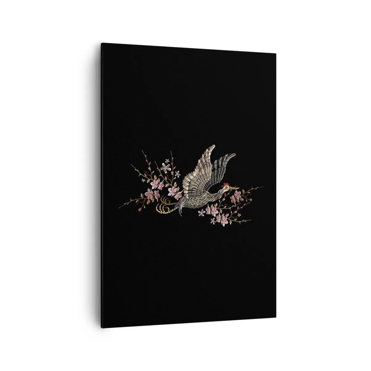 Cuadro sobre lienzo - Impresión de Imagen - Un pájaro en vuelo con flores sobre un fondo negro. - 70x100cm - Ave florida - Decoración de pared moderna para salón y dormitorio ARTTOR