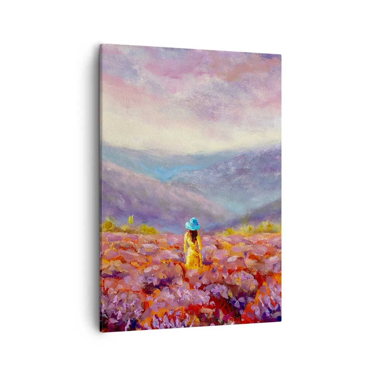 Cuadro sobre lienzo - Impresión de Imagen - Una mujer con sombrero caminando por un campo de lavanda. - 50x70cm - En un mundo de lavanda - Decoración de pared moderna para salón y dormitorio ARTTOR