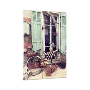 Cuadro sobre vidrio - Impresiones sobre Vidrio - Bicicletas antiguas frente a una puerta de madera con contraventanas en tonos pastel. - 70x100cm - La vida rural - Decoración de pared moderna para salón y dormitorio ARTTOR