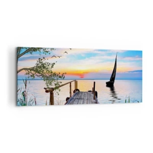 Cuadro sobre lienzo - Impresión de Imagen - Muelle del lago con barco y puesta de sol - 120x50cm - Que llegue la noche - Decoración de pared moderna para salón y dormitorio ARTTOR