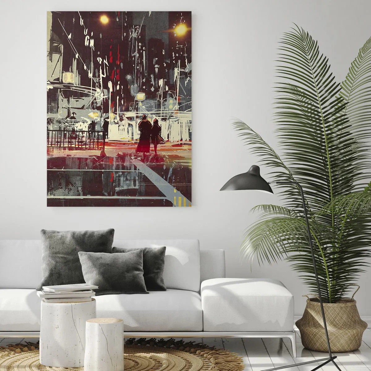 Cuadro sobre vidrio - Impresiones sobre Vidrio - Paisaje urbano nocturno con luces de neón y siluetas de transeúntes. - 50x70cm - Una travesía metropolitana - Decoración de pared moderna para salón y dormitorio ARTTOR